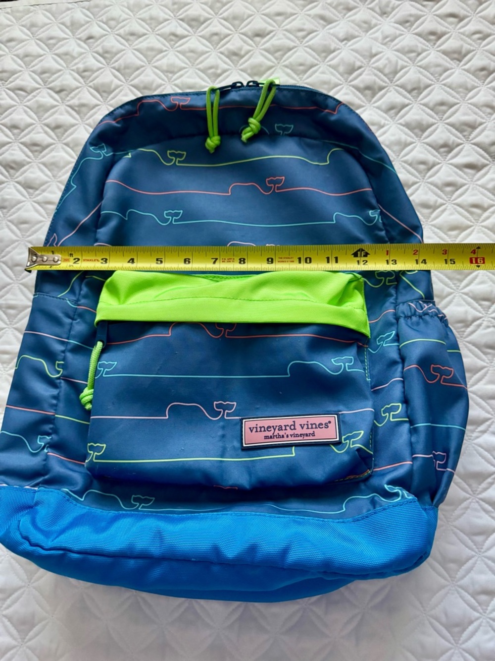 Vineyard Vines Kids School Daycare Backpack Bookbag Neon Green Whale Blue Lines - Picture 2 of 15